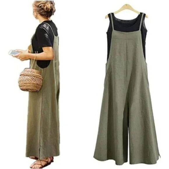 New Long Rompers Wide Leg Baggy Bibs Overalls Jumpsuits, Green - Picture 2 of 6